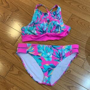 Maurices Pink and Green Leaf Bikini XL/XXL